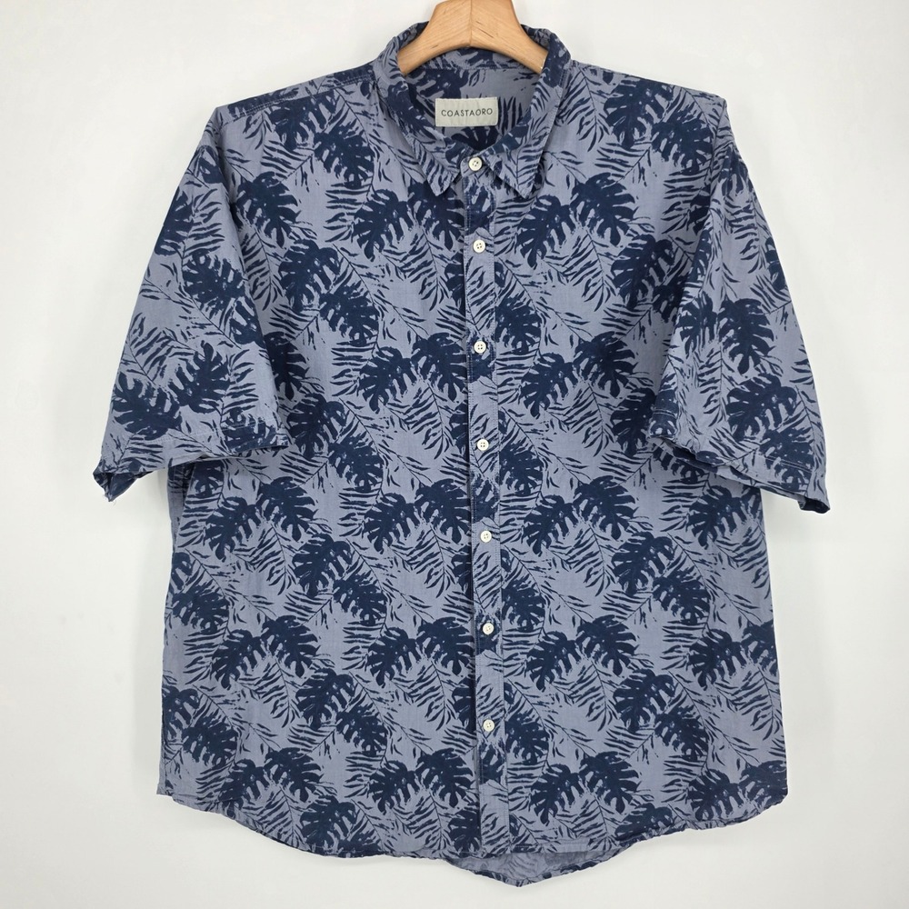 Coastaoro Mens XXL Blue Grey Tropical Palm Leaf Print Cotton Short Sleeve Shirt